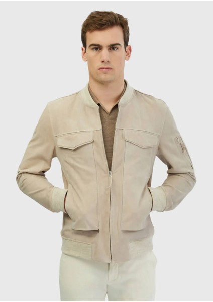 Bej Regular Fit Dik Yaka Casual Deri Mont