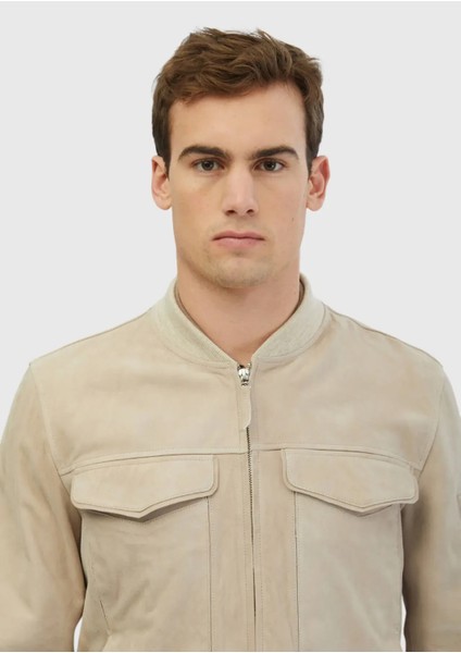 Bej Regular Fit Dik Yaka Casual Deri Mont fırsatları