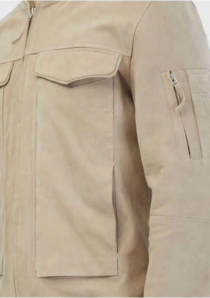 Bej Regular Fit Dik Yaka Casual Deri Mont indirimleri