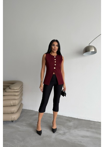 Gold Düğme Detaylı Yelek - Bordo