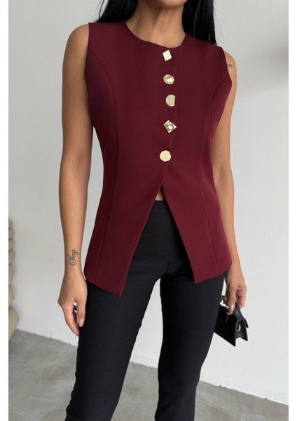Gold Düğme Detaylı Yelek - Bordo modelleri