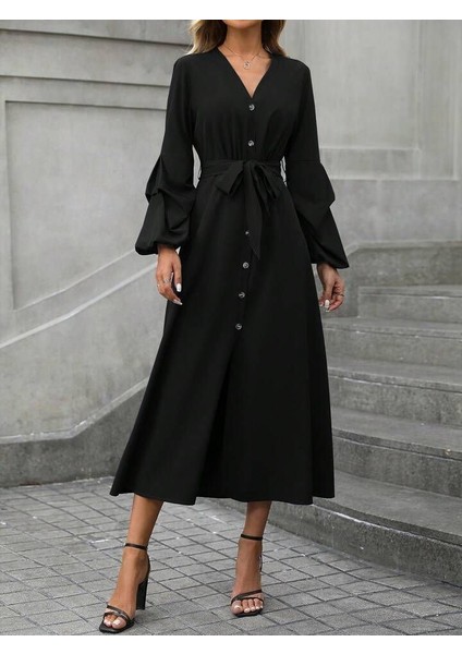 Kadın Uzun Kollu Derin V Yakalı Belden Kuşaklı Önden Düğmeli Janjan Krep Elbise modelleri