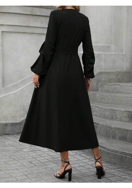 Kadın Uzun Kollu Derin V Yakalı Belden Kuşaklı Önden Düğmeli Janjan Krep Elbise fırsatları