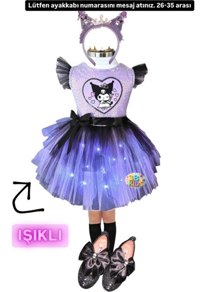 Kuromi Işıklı Elbise Kostüm Kuromi Taç Kuromi Siyah Babet Kuromi Siyah Çorap Doğum Günü Parti Seti