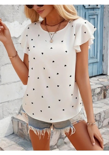 Kadın Kısa Kelebek Kollu Bisiklet Yaka Kalp Desenli Süprem Bluz modelleri