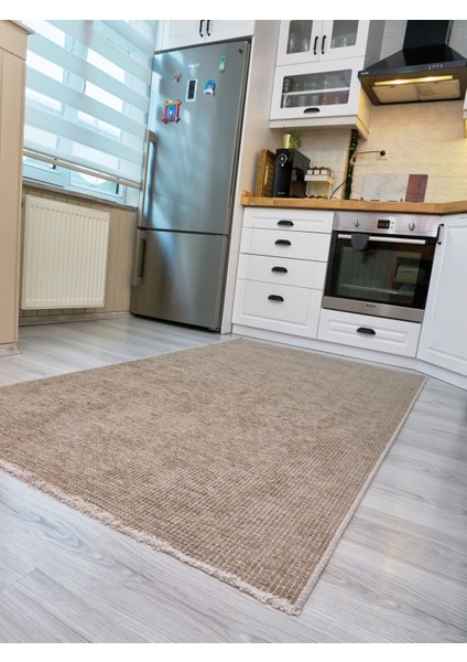 2412 Bej - Akrilik Dokuma Halı | Düz Renk Saçaklı Model