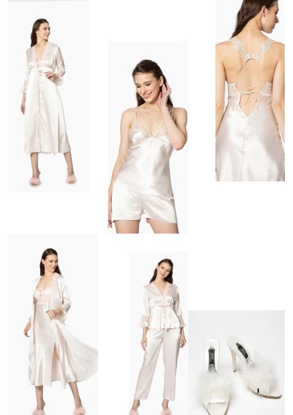 Kadın 6'lı Gelin Çeyiz Seti Gecelik & Sabahlık & Pijama Takımı & Şortlu Takım Terlik Hediyeli