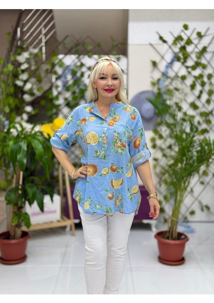 NC154553 Italyan Pamuk Keten Bluz Mavi