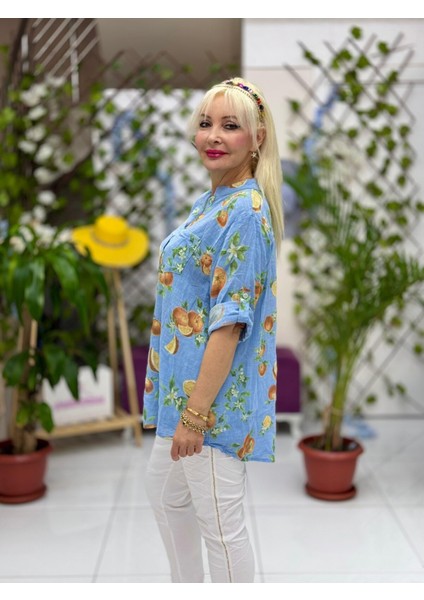 NC154553 Italyan Pamuk Keten Bluz Mavi fiyatları