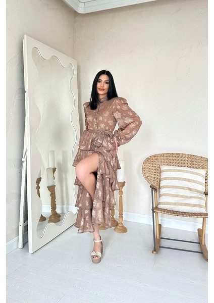 Bej Valonlu Şeritli Kat Kat Elbise fiyatları