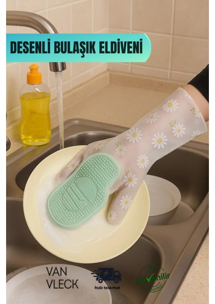 Desenli Silikon Fırçalı Bulaşık Eldiveni – Isıya Dayanıklı, Kaymaz, Çok Amaçlı Temizlik Eldiveni