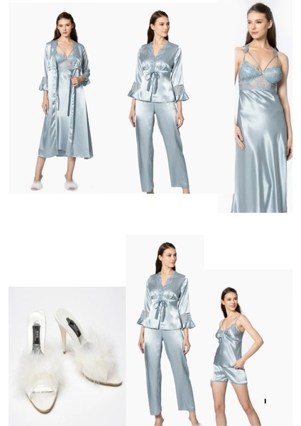 Kadın 6'lı Gelin Çeyiz Seti Gecelik & Sabahlık & Pijama Takımı & Şortlu Takım Terlik Hediyeli