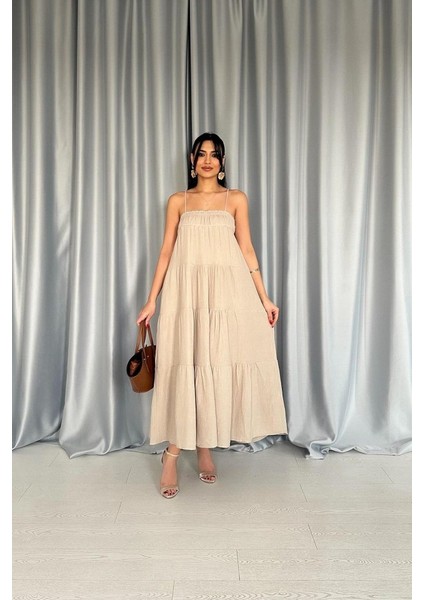 Ekru Askılı Parçalı Müslin Elbise