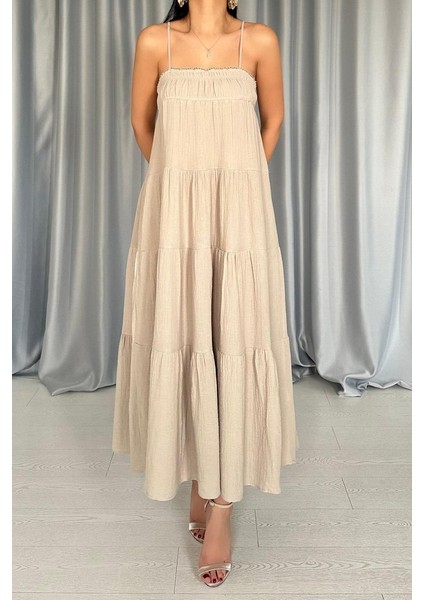 Ekru Askılı Parçalı Müslin Elbise modelleri