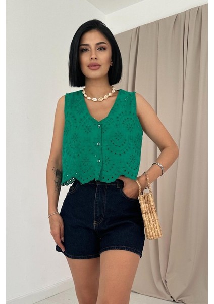 Fuşya Sıfır Kol Brode Bluz