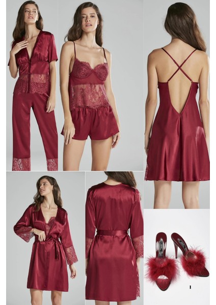 Kadın 6'lı Saten Gelin Çeyiz Seti Sabahlık & Gecelik & Pijama Takımı & Şortlu Takım Terlik Hediyeli