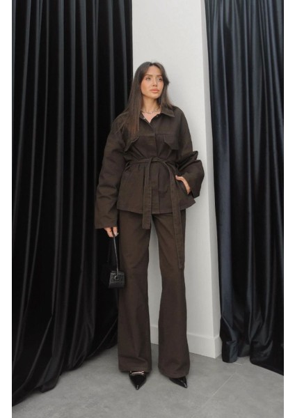 Kadın Denim Kahverengi Cep Detaylı Ceket Pantolon Takım