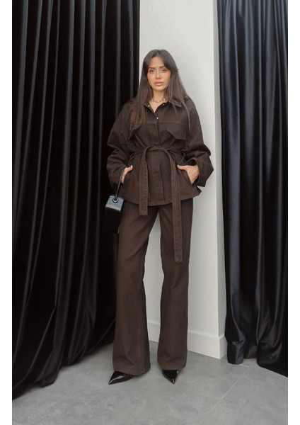 Kadın Denim Kahverengi Cep Detaylı Ceket Pantolon Takım modelleri