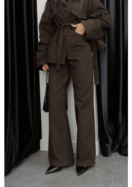 Kadın Denim Kahverengi Cep Detaylı Ceket Pantolon Takım fırsatları