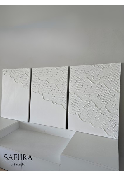 Dokulu Tablo – El Yapımı 3 Boyutlu Alçı Minimalist Dekor, Modern Iskandinav Duvar Sanatı (Dalga No:1 Beyaz)