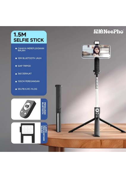 2in1 Selfie Stick Tripod – 170CM Uzatılabilir, Bluetooth Kablosuz Uzaktan Kumanda, 3 Modlu LED Dolgu Işığı, Type-C Şarjlı, Ios & Android Uyumlu | NP-01S fiyatları