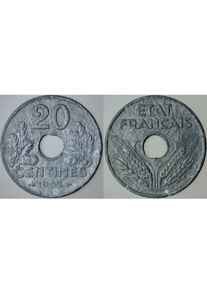 Fransa 20 Centımes 1942 Ikinci Dünya Savaşı Dönemi Çinko. Km 900.1