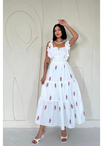 Lacivert Sıfır Kol Fırfırlı Elbise