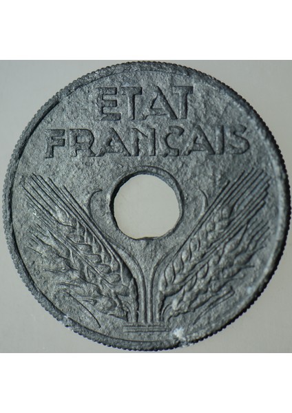 Fransa 20 Centımes 1942 Ikinci Dünya Savaşı Dönemi Çinko. Km 900.1 modelleri