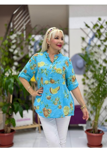 NC154553 Italyan Pamuk Keten Bluz Turkuaz