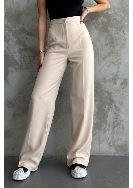 Kadın Yeni Sezon Yüksek Bel Klasik Krem Kumaş Pantolon Krem / Xl