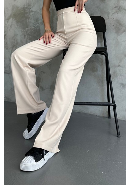 Kadın Yeni Sezon Yüksek Bel Klasik Krem Kumaş Pantolon Krem / Xl indirimleri