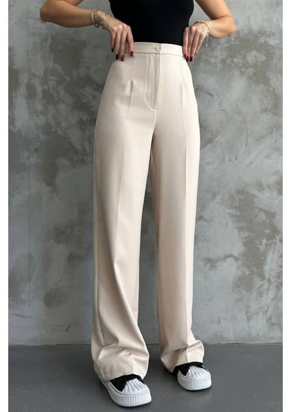 Kadın Yeni Sezon Yüksek Bel Klasik Krem Kumaş Pantolon Krem / Xl