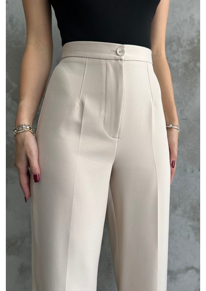 Kadın Yeni Sezon Yüksek Bel Klasik Krem Kumaş Pantolon Krem / Xl