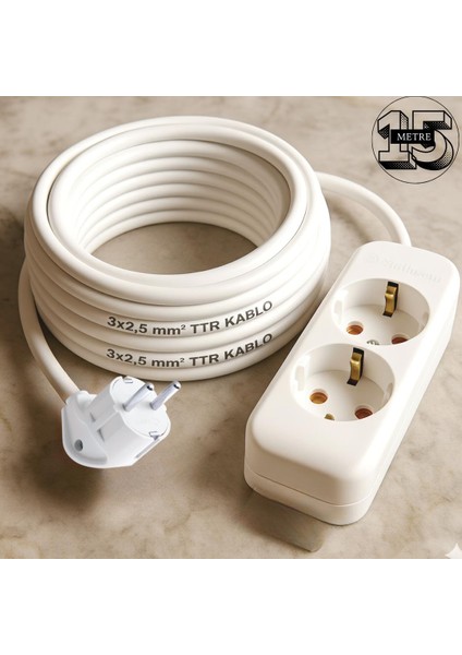 Acaroğlu - 15 Metre 3x2,5mm² Ttr Kablo | Ikili Uzatma Grup Priz
