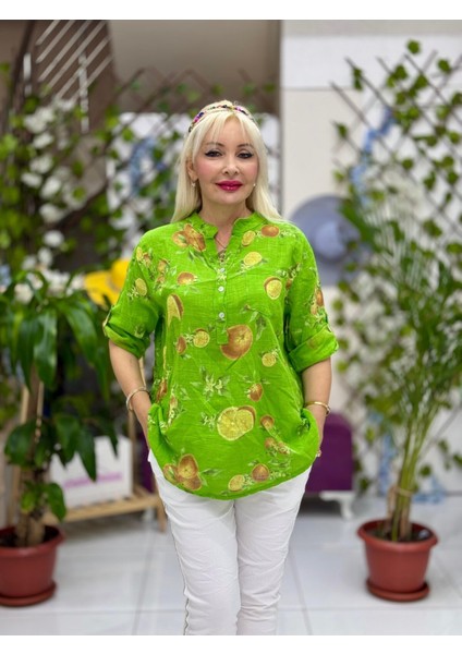 NC154553 Italyan Pamuk Keten Bluz Yeşil
