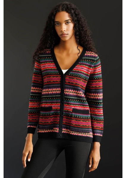 Kadın V Yaka Jakarlı Yün Hırka Siyah