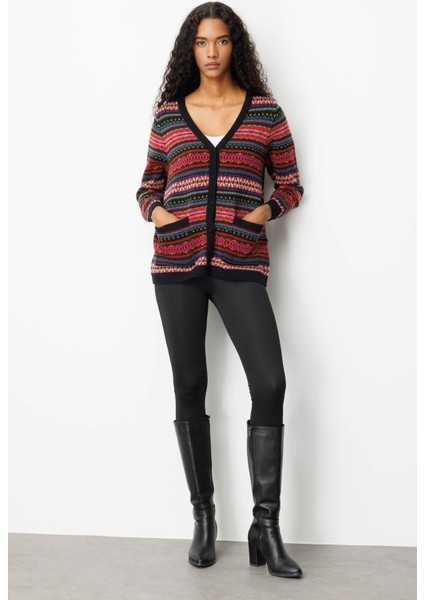 Kadın V Yaka Jakarlı Yün Hırka Siyah modelleri