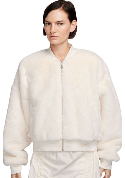 Sportswear Faux Fur Bomber Reversible Oversize Jacket Kadın Oversize Suni Kürk Çift Taraflı Ceket Açık Krem