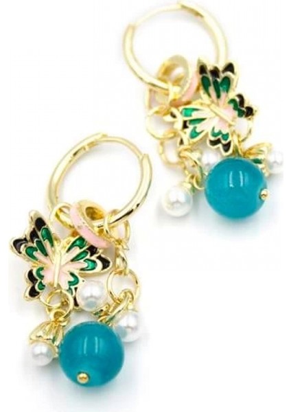 Boncuklu Kelebek Küpe - Pembe