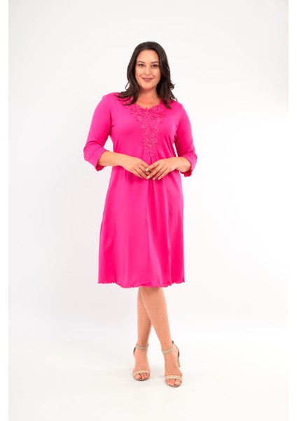 Kadın Yakası Güpürlü A Kesim Yarım Kol Viskon Günlük Midi Boy Büyük Beden Elbise Gecelik