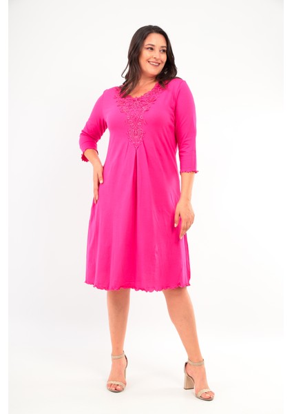 Kadın Yakası Güpürlü A Kesim Yarım Kol Viskon Günlük Midi Boy Büyük Beden Elbise Gecelik modelleri