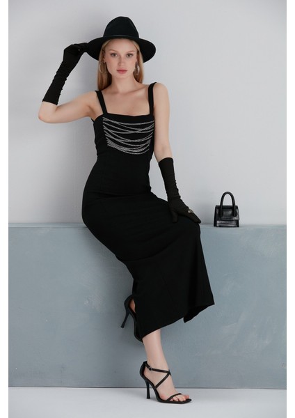 Kadın Kalın Askılı Sırt ve Zincir Detaylı Midi Boy Yırtmaçlı Spor Şık Siyah Elbise fiyatları