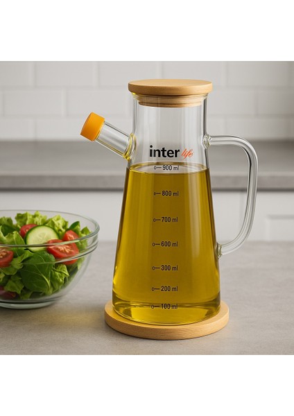 Borosilikat 900 ml Yağlık Bohem Mutfak Dekoratif Yağlık Bambu Altlıklı ve Kapaklı Sızdırmaz
