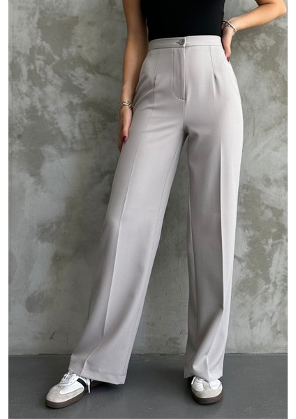 Kadın Yeni Sezon Yüksek Bel Gri Klasik Kumaş Pantolon Gri / Xl
