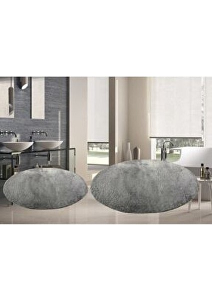 2 Li Yuvarlak Post Peluş Banyo Paspası Takımı Büyük Boy Jel Taban Klozet Takım Gri 100X100 80X80
