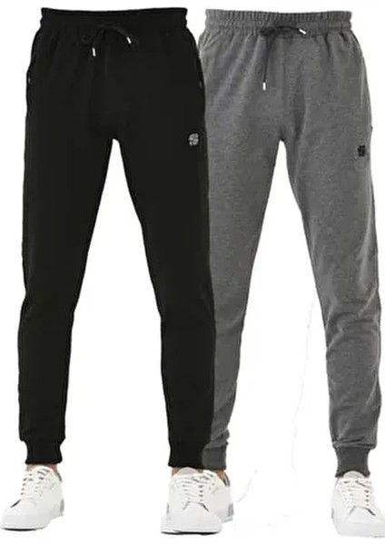 Erkek Eşofman Altı 2'li Paket (Siyah-Gri) Dar Paça Bel Kısmı Lastikli Arka Cepli Paçası Lastikli