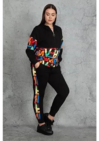 Kapşonlu Fermuar ve Baskı Detaylı Kuşgözlü Sweatshirt Pantolon Takım 26A19562