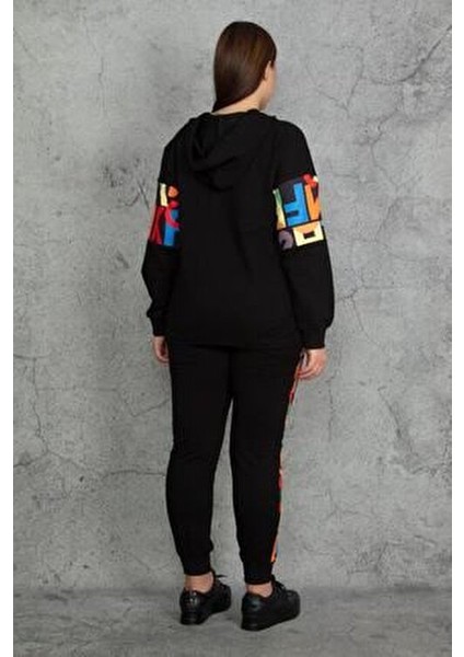 Kapşonlu Fermuar ve Baskı Detaylı Kuşgözlü Sweatshirt Pantolon Takım 26A19562 modelleri