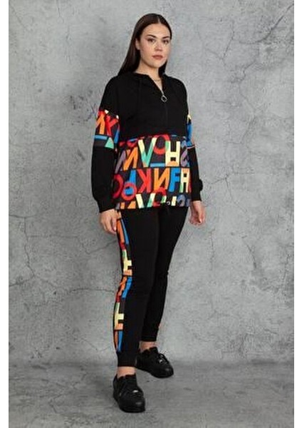 Kapşonlu Fermuar ve Baskı Detaylı Kuşgözlü Sweatshirt Pantolon Takım 26A19562 indirimleri