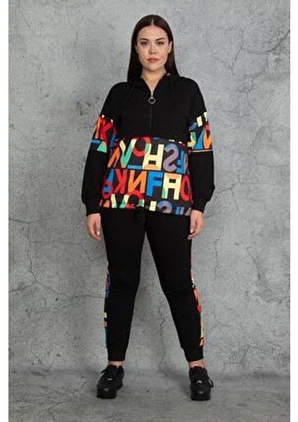 Kapşonlu Fermuar ve Baskı Detaylı Kuşgözlü Sweatshirt Pantolon Takım 26A19562